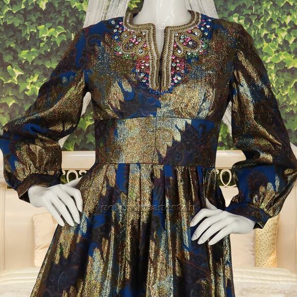 60s Vintage Pat Sandler Gold Metallic Beaded Dress M - Picture 1 of 16